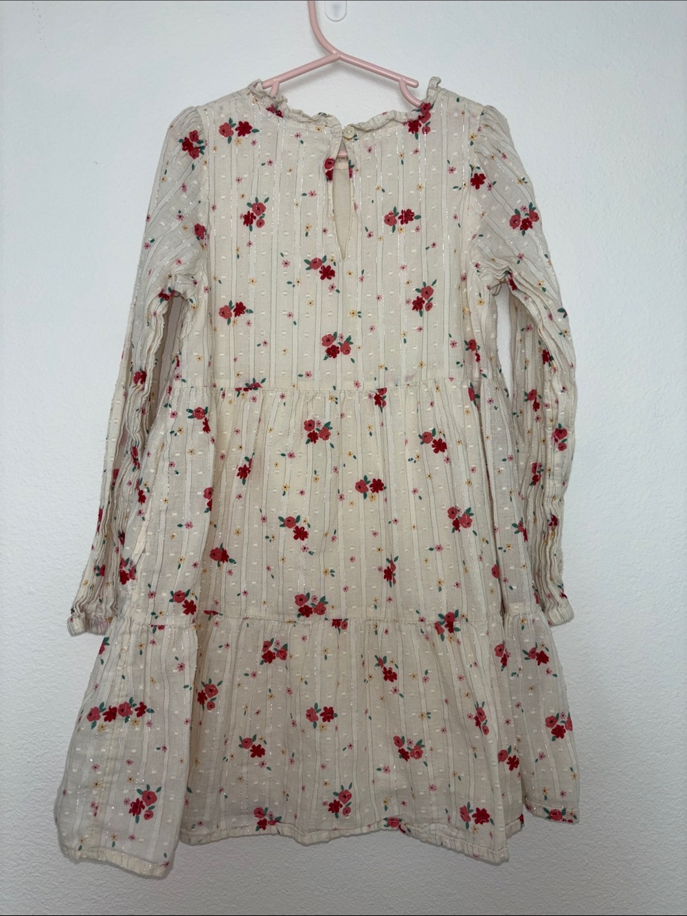 Cat & Jack Cream Floral Tiered Long-Sleeve Dress with Red Rose Print - Picture 2 of 6